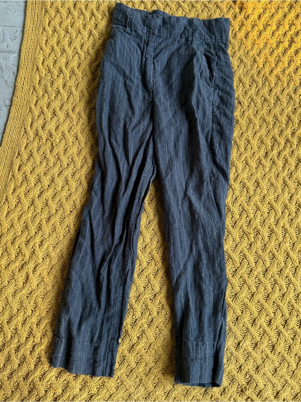 CATHERINE MALANDRINO 100% Linen Navy Striped Chino Flat Front Pant Size 4 Summer